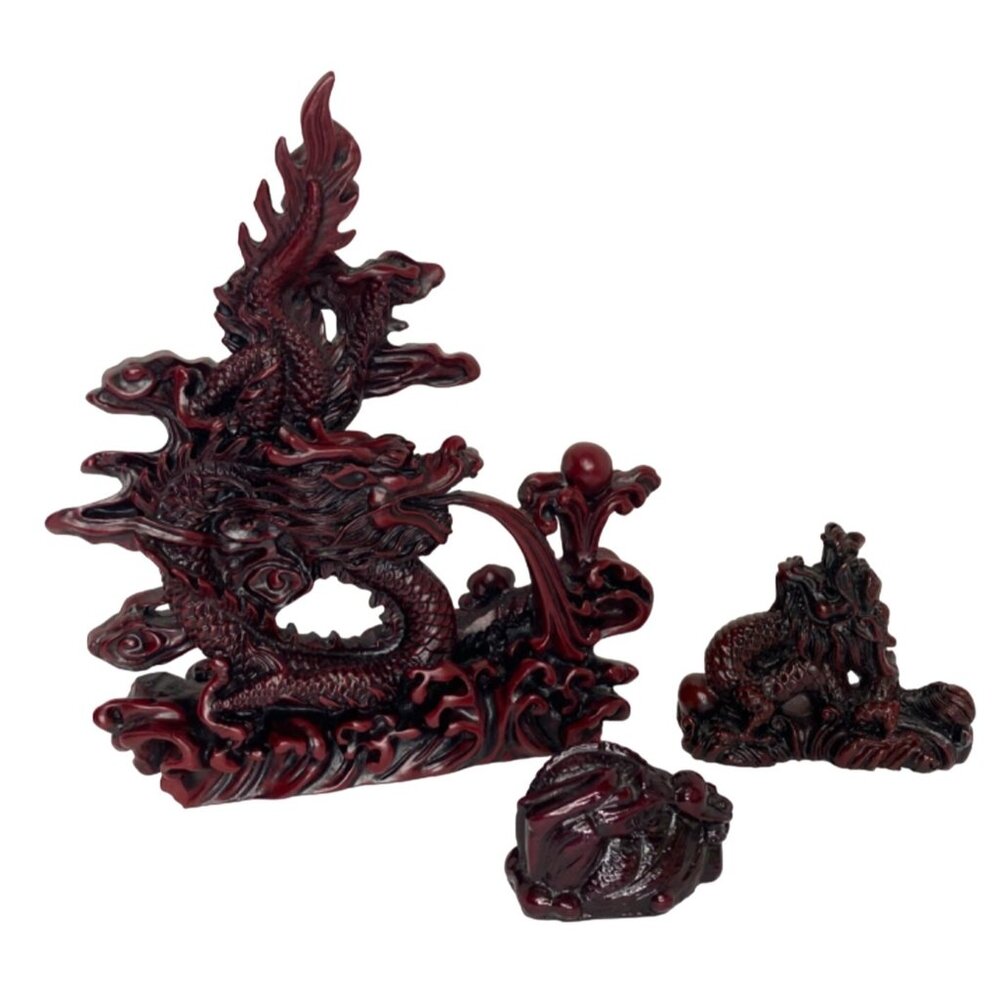 Vintage Chinese Red Resin Lucky Dragon Feng Shui Sculptured Statues Lot of 3
